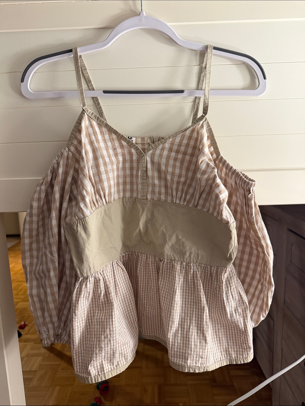Beige Striped Gingham Cold-Shoulder Peplum Top